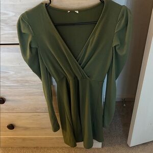 Olive Green Long Sleeve Faux-Wrap Dress